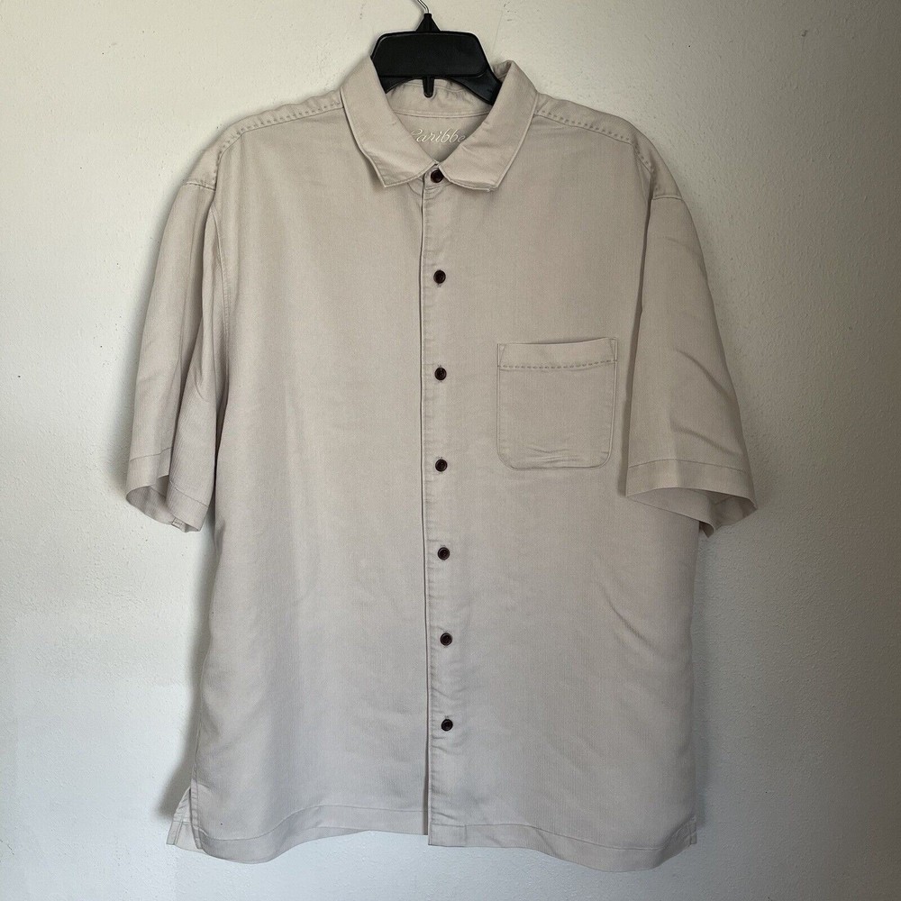 Caribbean Men's Shirt Size L Beige Button Up Short Sleeve With Pocket